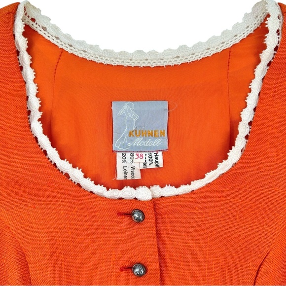 European Vintage Kuhnen Modell Orange Linen Crochet Lace Trim Short Sleeve Top - Picture 5 of 6